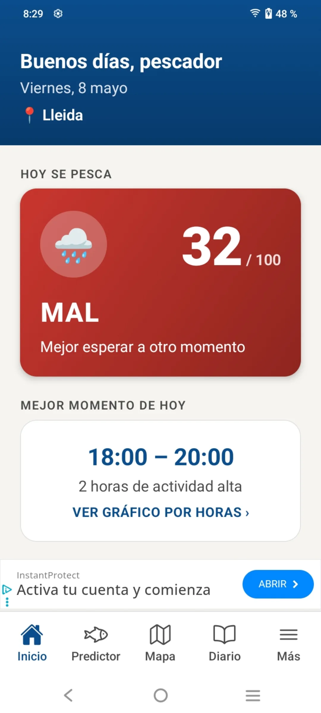 Pantalla de inicio de la app Guía de Pesca mostrando el score del día y el mejor momento para pescar
