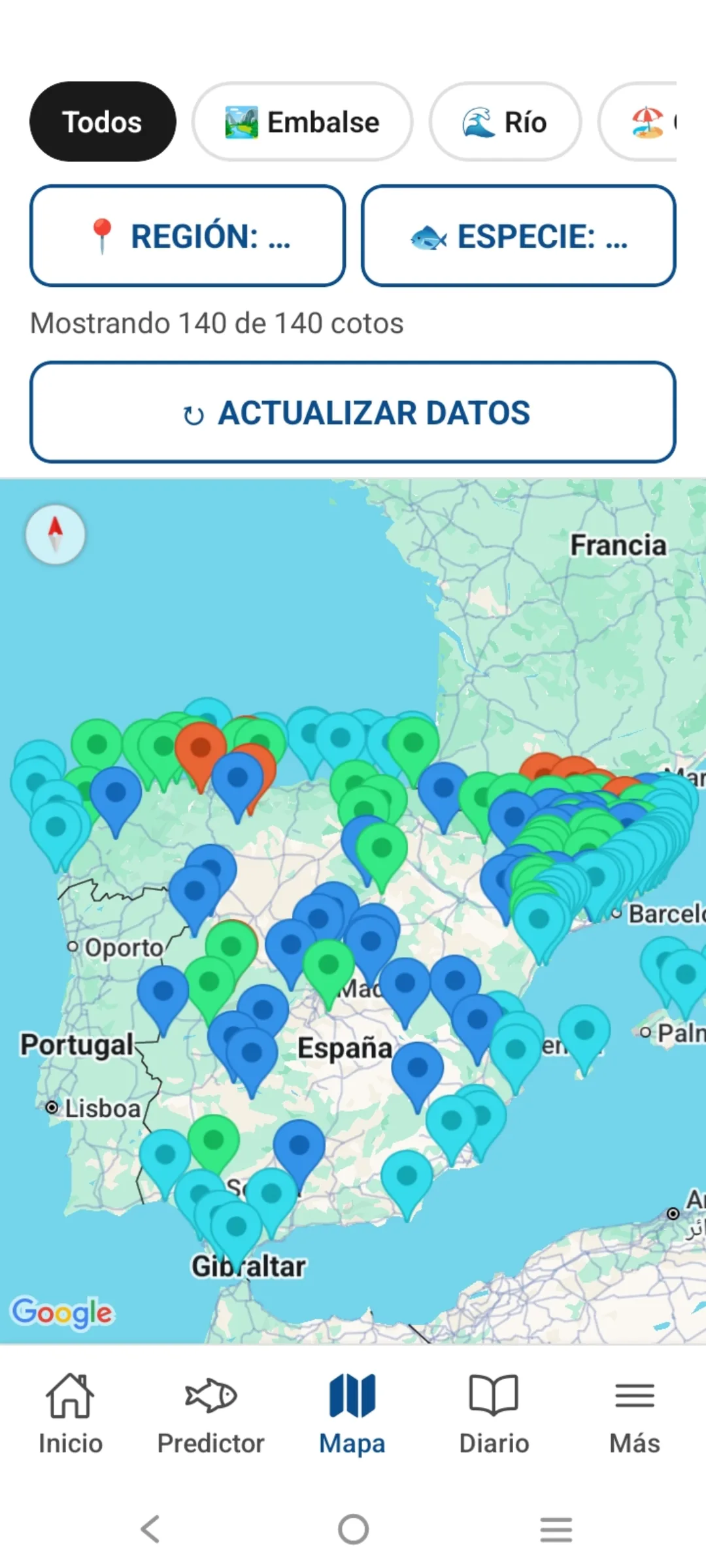 Mapa de España con 140 cotos de pesca marcados