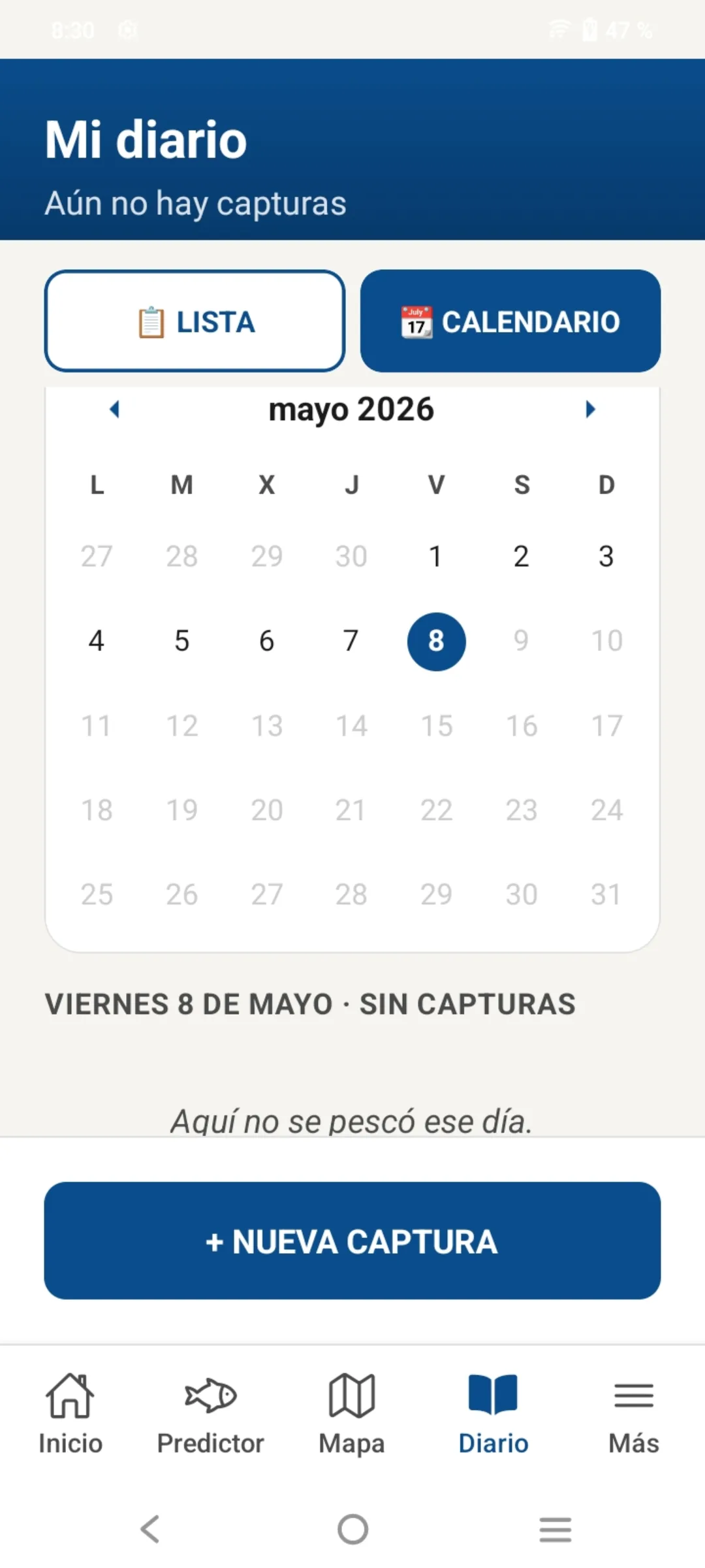Diario de capturas con calendario mensual