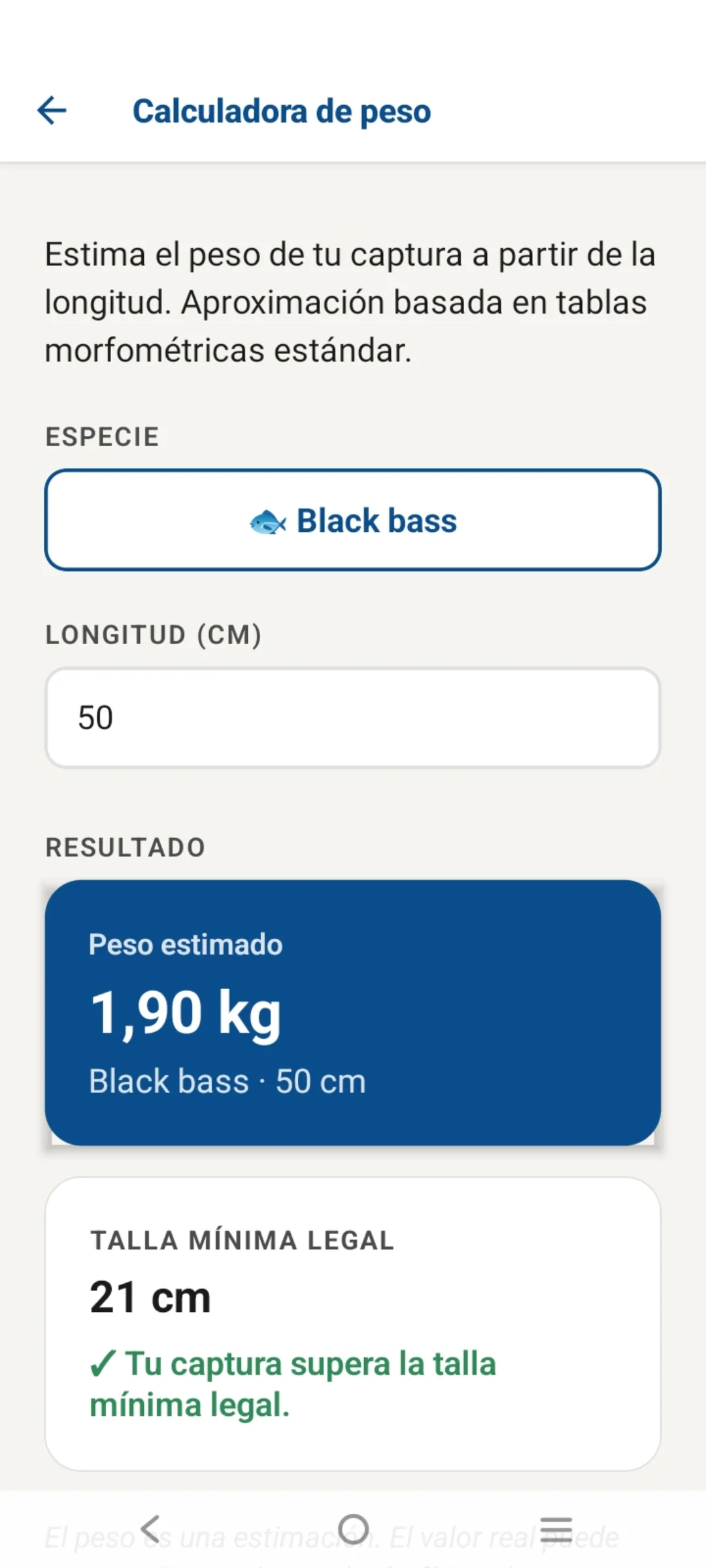 Calculadora de peso de captura por especie y longitud