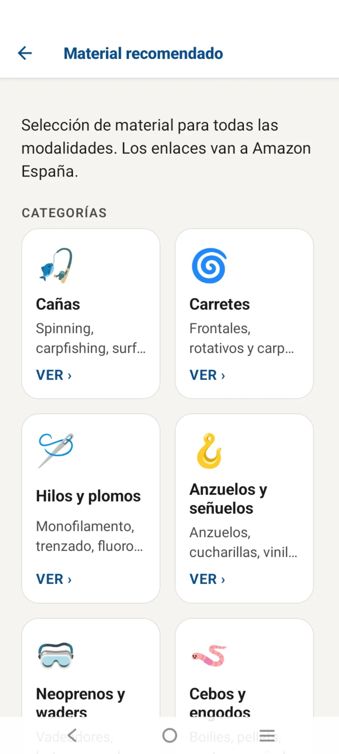 Material recomendado por categorías: cañas, carretes, hilos, anzuelos
